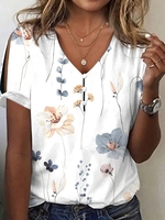Casual Floral Summer V neck Jersey Best Sell Regular H-Line CR Shirts for Women