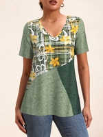Casual Floral Summer V neck Loose Short Sleeve Regular H-Line Regular T-shirts for Women