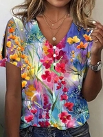 Casual Floral Summer V neck No Elasticity Vacation Jersey Short sleeve H-Line Shirts for Women