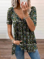Casual Floral V Neck Loose T-Shirts