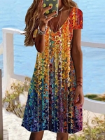 Casual Ombre Summer Natural Micro-Elasticity Loose Skirt Short sleeve H-Line Dresses for Women