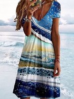 Casual Ombre Summer V neck Micro-Elasticity Daily Skirt Short sleeve Regular Dresses for Women