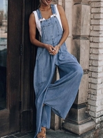 Casual Plain All Season Micro-Elasticity Denim Long H-Line Regular Washing Process Denim Bib Pants for Women