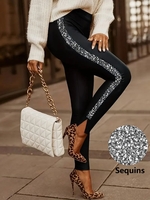 Casual Plain All Season Polyester Glitter High Elasticity Daily Tight Regular Leggings for Women