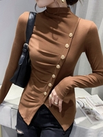 Casual Plain Spring/Fall Cashmere High Elasticity Regular Fit Crew Neck Regular Buckle Shirts for Women