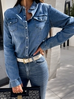 Casual Plain Spring/Fall Daily Loose Denim H-Line Regular Shirt Collar Blouses for Women