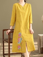 Casual Plain Spring/Fall Embroidery Daily Regular Fit Midi A-Line Regular Dresses for Women