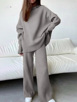 Casual Plain Spring/Fall Natural Daily Long Sleeve Turtleneck Top With Pants H-Line Two-Piece Sets for Women