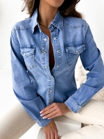 Casual Plain Spring/Fall No Elasticity Long Sleeve Denim Regular Regular Shirt Collar Blouses for Women