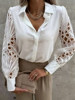 Casual Plain Spring/Fall Polyester Loose Lace Long Sleeve Regular Shirt Collar Blouses for Women