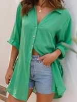 Casual Plain Spring/Fall Polyester No Elasticity Daily Loose Long Sleeve Shirt Collar Blouses for Women