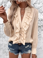 Casual Plain Spring/Fall Polyester V neck Loose Long Sleeve Regular H-Line Blouses for Women