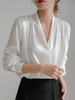 Casual Plain Spring/Fall Polyester V neck Loose Long Sleeve Regular Regular Blouses for Women