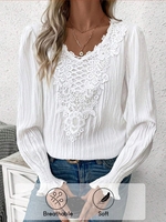 Casual Plain Spring/Fall V neck Daily Loose Lace Long Sleeve Regular Shirts for Women
