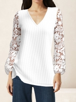 Casual Plain Spring/Fall V neck Natural High Elasticity Daily Loose Long Sleeve Shirts for Women