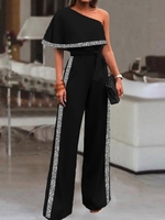 Casual Plain Summer Glitter Natural Micro-Elasticity Loose Cold Shoulder Regular Jumpsuits for Women