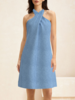 Casual Plain Summer Halter Natural Short Sleeve Denim H-Line Regular Dresses for Women