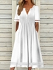 Casual Plain Summer Lace Daily Polyester Cotton Notched A-Line Regular Dresses for Women