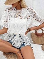 Casual Plain Summer Lace No Elasticity Crew Neck Regular H-Line Regular Shirts for Women