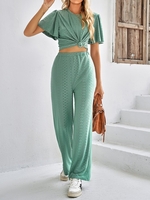 Casual Plain Summer Micro-Elasticity Daily Short Sleeve Crew Neck Top With Pants Regular Two-Piece Sets for Women