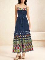 Casual Plain Summer Natural No Elasticity Maxi Crew Neck Gallus Regular Dresses for Women