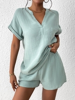 Casual Plain Summer Polyester Daily Loose Short Sleeve Top With Pants H-Line Two-Piece Sets for Women