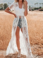 Casual Plain Summer Polyester Lace No Elasticity Daily Short Sleeve H-Line Shirts for Women