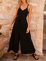 Casual Plain Summer Polyester Natural Loose Long Gallus H-Line Jumpsuits for Women