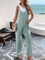 Casual Plain Summer Polyester Natural Micro-Elasticity Sleeveless Long Regular Jumpsuits for Women
