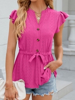 Casual Plain Summer Polyester No Elasticity Cap Sleeve Regular Regular Notched Shirts for Women