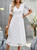 Casual Plain Summer Polyester V neck Daily Lace Midi Regular Dresses for Women