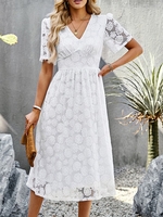 Casual Plain Summer Polyester V neck Daily Lace Midi Regular Dresses for Women