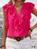 Casual Plain Summer Polyester V neck Daily Loose Regular H-Line Blouses for Women