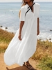 Casual Plain Summer Polyester V neck Natural No Elasticity Maxi Short Sleeve Dresses for Women
