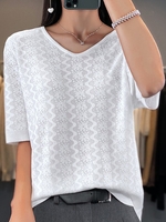 Casual Plain Summer V neck Daily Loose Short Sleeve Regular H-Line Shirts for Women