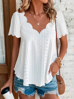 Casual Plain Summer V neck Jacquard Natural Daily Short sleeve Regular Shirts for Women