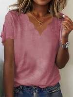 Casual Plain Summer V neck Micro-Elasticity Loose Jersey Regular NL T-shirts for Women