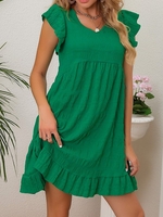 Casual Plain Summer V neck Natural Short Sleeve A-Line Regular No Dresses for Women