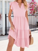 Casual Plain Summer V neck No Elasticity Daily Loose Midi No Dresses for Women