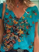 Casual Printed Short Sleeve V Neck T-Shirts - Noracora