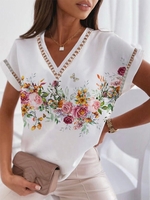 Casual Red floral Summer V neck Loose Cap sleeve H-Line Regular Lace Shirts for Women