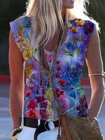 Casual Sleeveless V Neck Printed Tanks & Camis - Noracora