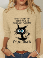 Casual Spring/Fall Cat Micro-Elasticity Daily Regular Fit Long Sleeve Crew Neck Cotton-Blend Shirts for Women