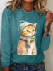Casual Spring/Fall Cat Micro-Elasticity Regular Fit Long Sleeve Crew Neck Cotton-Blend H-Line Shirts for Women