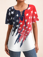 Casual Summer America Flag Cross Neck Micro-Elasticity Jersey Short Sleeve Regular Regular Shirts for Women