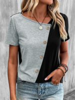 Casual Summer Contrast Stitching V neck Micro-Elasticity Jersey Regular Regular NL T-shirts for Women