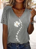 Casual Summer Daisy Polyester Loose Lace Regular H-Line DL T-shirts for Women