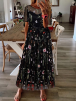 Casual Summer Embroidery Patterns Natural Daily Loose Midi Short Sleeve Crew Neck Dresses for Women