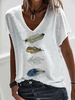 Casual Summer Feather Pattern V neck Daily Jersey Mid-long Regular Medium Elasticity T-shirts for Women