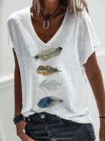 Casual Summer Feather Pattern V neck Daily Jersey Mid-long Regular Medium Elasticity T-shirts for Women